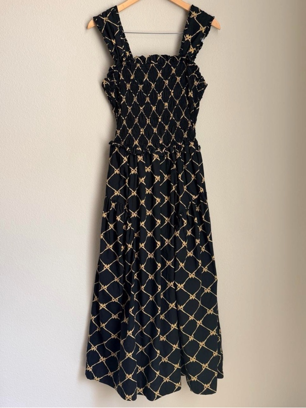 Damson Madder Black & Gold Patterned Smocked Maxi Dress 100% Organic Cotton